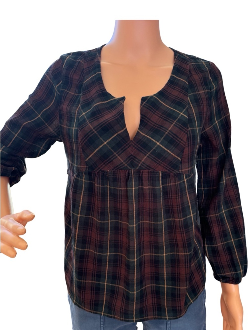 Old Navy Plaid Peasant Tunic - Dark Green & Burgundy